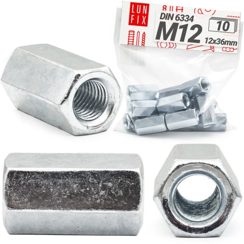 Écrou long hexagonaux DIN 6334 M12x36 galvanisé 10 pièces - LUN FIX