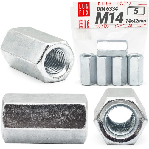 Écrou long hexagonaux DIN 6334 M14x42 galvanisé 5 pièces - LUN FIX