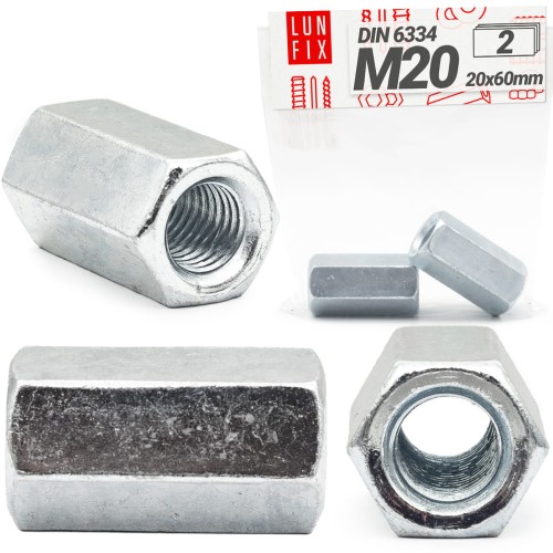 Écrou long hexagonaux DIN 6334 M20x60 galvanisé 2 pièces - LUN FIX