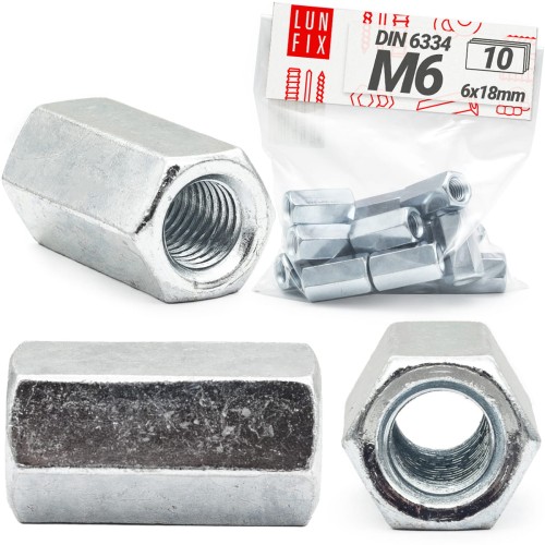 Écrou long hexagonaux DIN 6334 M6x18 galvanisé 10 pièces - LUN FIX