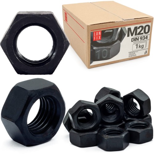 Écrou hexagonal DIN 934 M20 noir 1 kg - LUN FIX