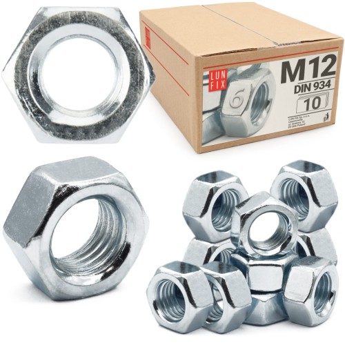Écrou hexagonal DIN 934 M12 galvanisé 10 pièces - LUN FIX
