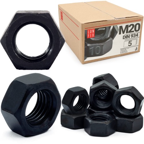 Écrou hexagonal DIN 934 M20 noir 5 pièces - LUN FIX