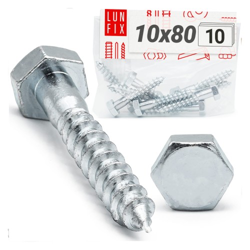 Tirefonds à tête hexagonale 10x80 DIN571 galvanisés - LUN FIX