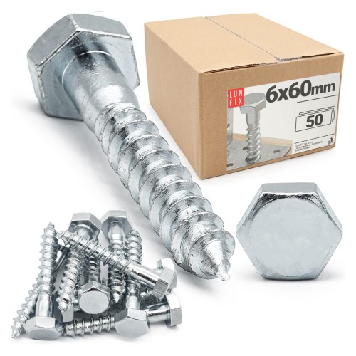 Tirefonds à tête hexagonale 6x60 DIN571 galvanisés 50 pièces - LUN FIX