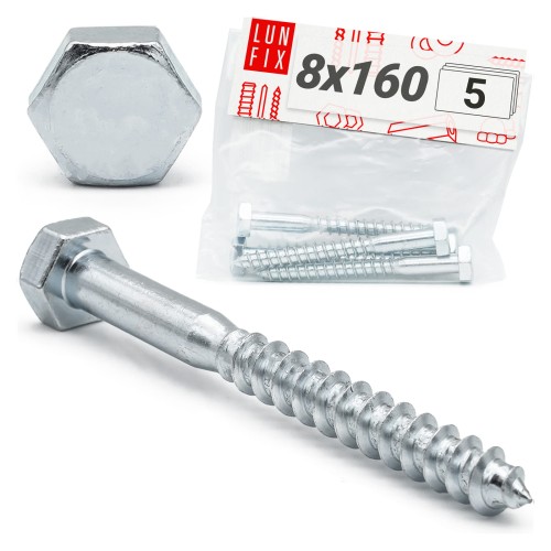 Tirefonds à tête hexagonale 8x160 DIN571 galvanisés 5 pièces - LUN FIX