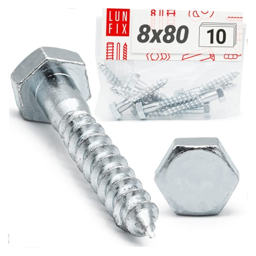 Tirefonds à tête hexagonale 8x80 DIN571 galvanisés 10 pièces - LUN FIX
