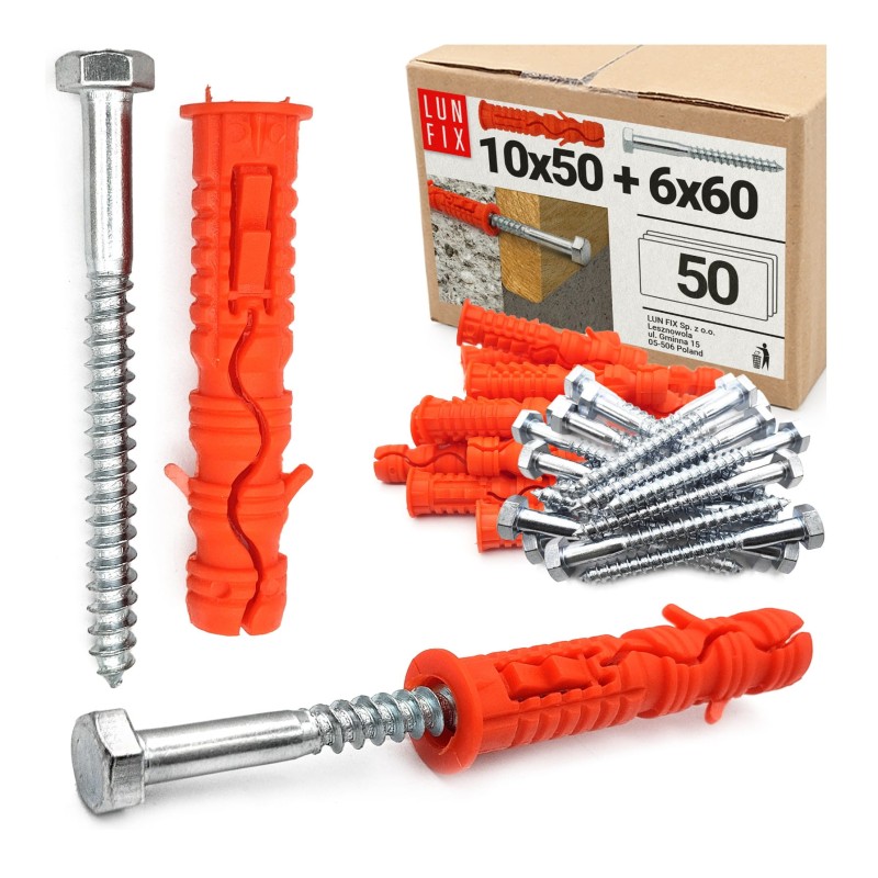 Kołki rozporowe 10x50 mm z wkrętem z łbem sześciokątnym 6x60 mm 50szt.