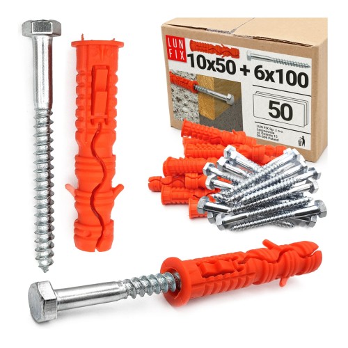 Chevilles à expansion avec vis 10x50 mm 6x100 mm 50 pièces - LUN FIX