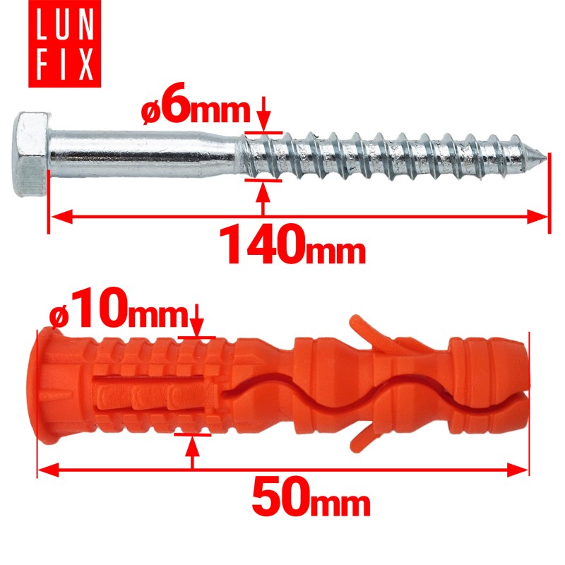 Kołki rozporowe 10x50 mm z wkrętem z łbem sześciokątnym 6x140 mm 50szt.