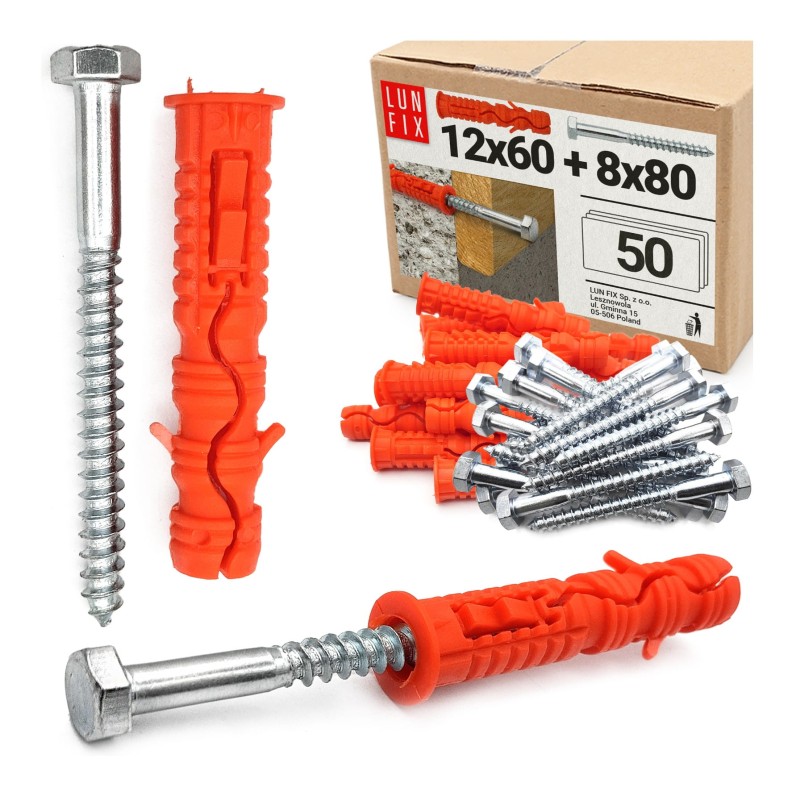 Kołki rozporowe 12x60 mm z wkrętem z łbem sześciokątnym 8x80 mm 50szt.