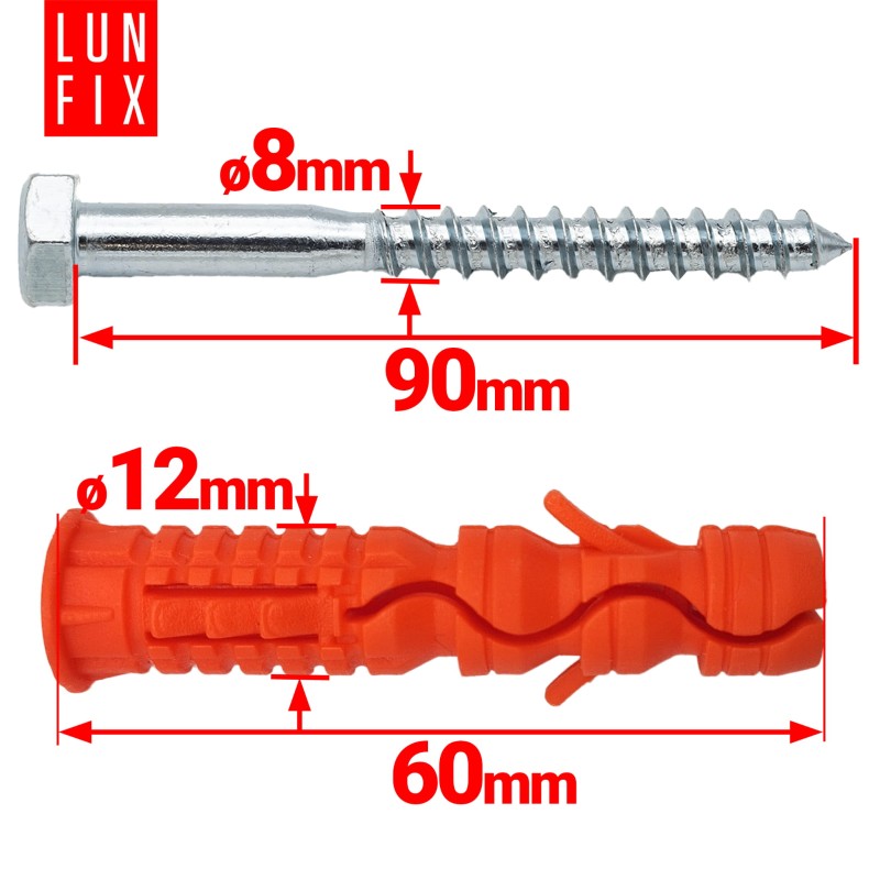 Kołki rozporowe 12x60 mm z wkrętem z łbem sześciokątnym 8x90 mm 50szt.