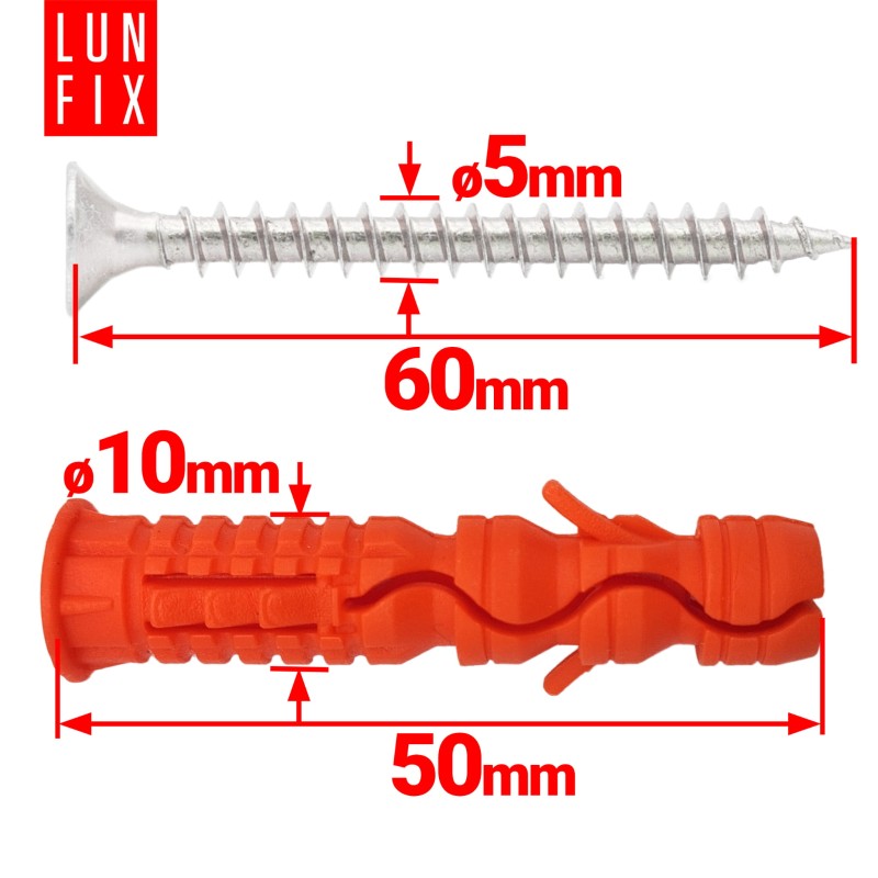 Kołki rozporowe 10x50 mm z wkrętem z łbem stożkowym 5x60 mm 100szt.