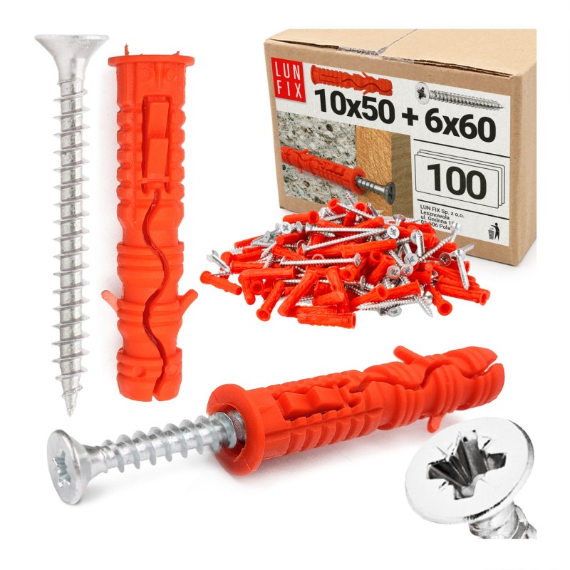 Kołki rozporowe 10x50 mm z wkrętem z łbem stożkowym 6x60 mm 100szt.