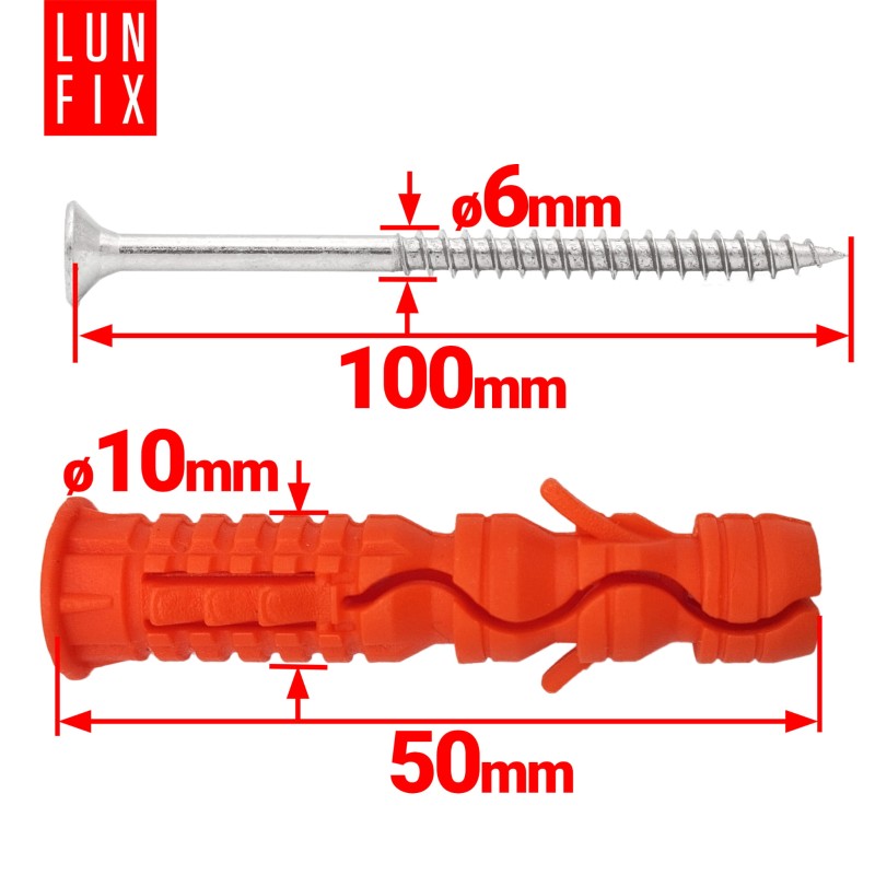 Kołki rozporowe 10x50 mm z wkrętem z łbem stożkowym 6x100 mm 100szt.
