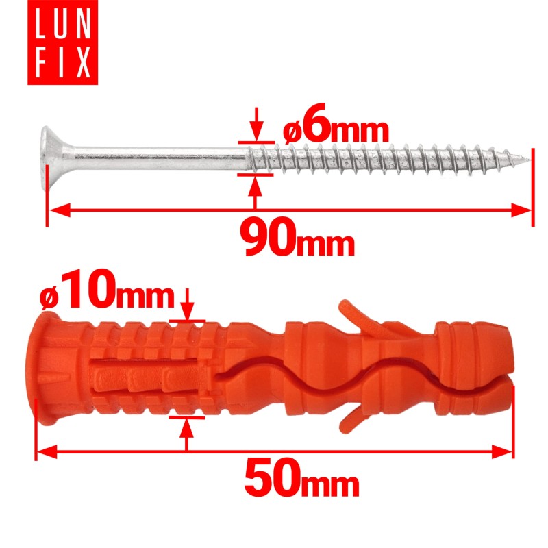 Kołki rozporowe 10x50 mm z wkrętem z łbem stożkowym 6x90 mm 100szt.