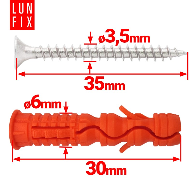 Kołki rozporowe 6x30 mm z wkrętem z łbem stożkowym 3,5x35 mm 200szt.