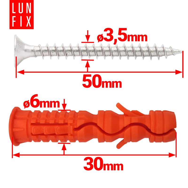 Kołki rozporowe 6x30 mm z wkrętem z łbem stożkowym 3,5x50 mm 200szt.