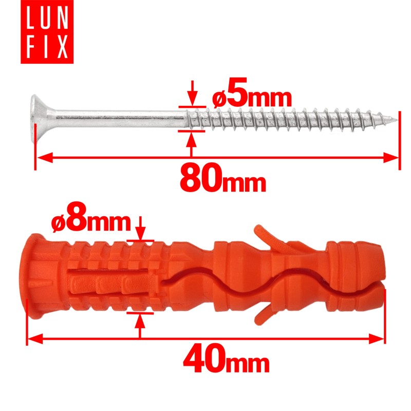 Kołki rozporowe 8x40 mm z wkrętem z łbem stożkowym 5x80 mm 100szt.
