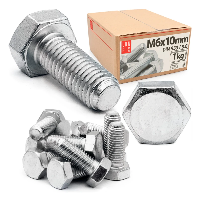 Śruba sześciokątna M6x10 mm DIN 933 klasa 8.8 ocynkowana 1kg