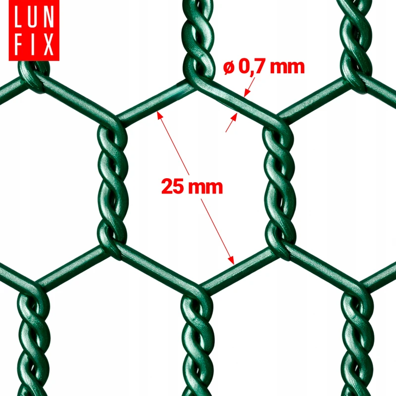 Siatka heksagonalna metalowa 25x25 mm, gr. 0,7 mm, zielona ocynkowana h1 25 mb – hodowlana, na woliery, dla kota na balkon, przeciw ptakom